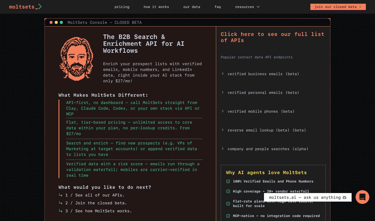 Crustdata alternative MoltSets’ homepage